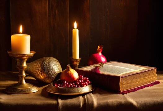 colorful display traditional items yom kippur celebration featuring symbolic elements reflection remembrance, shofar, candles, prayers, traditions