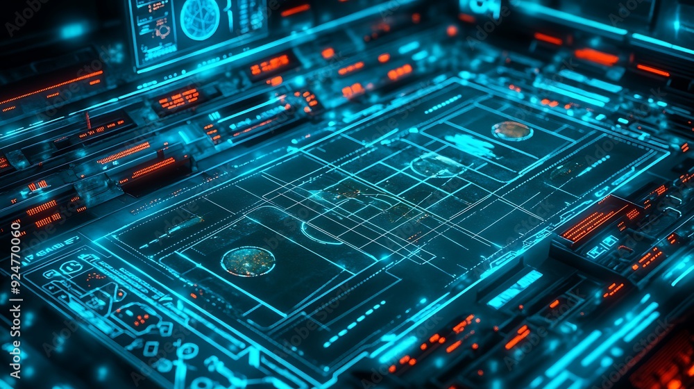 Poster digital sports arena with ai-generated game simulations and holographic player stats