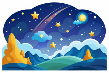 Nighttime Mountain Landscape with Shooting Star and Stars