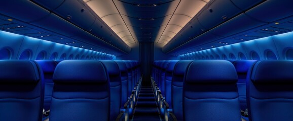 Obraz premium The Cabin Of A Commercial Passenger Aircraft, With Blue Seats And Overhead Bins