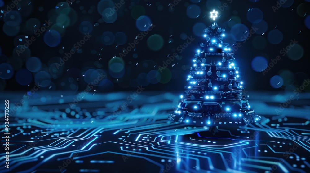 Wall mural cyberpunk christmas tree on a circuit board