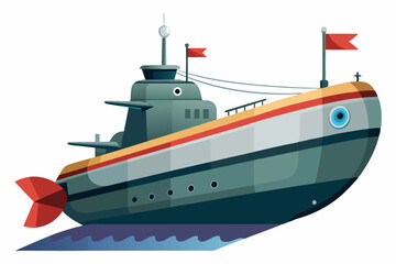 Obraz premium Cartoon illustration of a grey submarine with a red flag and a yellow and red stripe
