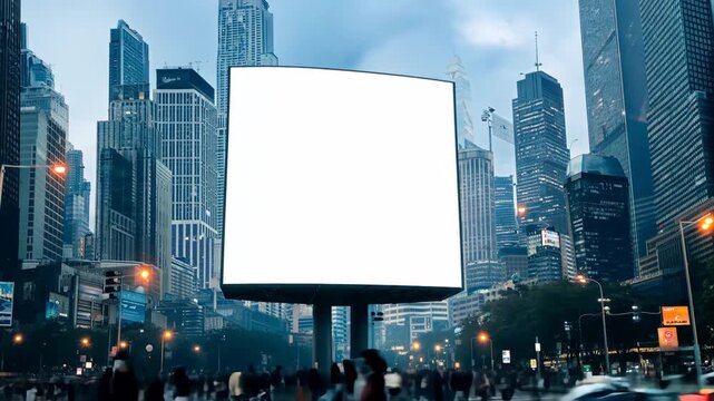 Clear white billboard mockup outdoor. Advertising clean poster on modern city street for advertisement time lapse. With clipping path on screen. Mock up for ad timelapse. Blank empty space for image.