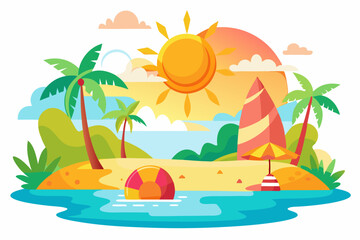 Tropical Beach Scene with Palm Trees, Sun, and Surfboard