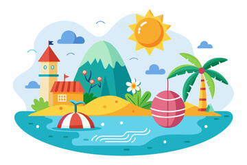 Idyllic Island with a Beach, Palm Tree, Mountain, and Buildings