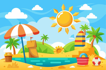 Obraz premium Sunny Beach Day with Palm Trees, Umbrella, and Sandcastle