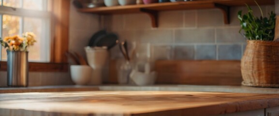Empty wooden kitchen table for mockups. Lifestyle cozy rustic bright exposition exhibit header template. Unoccupied wooden surface cooking table with blurry kitchen interior in the background.