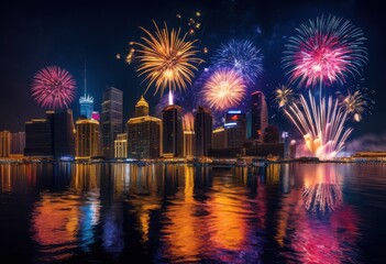 Fototapeta premium vibrant new celebration showcasing stunning fireworks display over festive city skyline midnight, colors, lights, event, party, year, holiday, gathering
