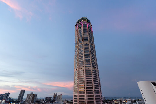 PENANG, MALAYSIA - MAY 17, 2023: Komtar building during the evening blue hour.