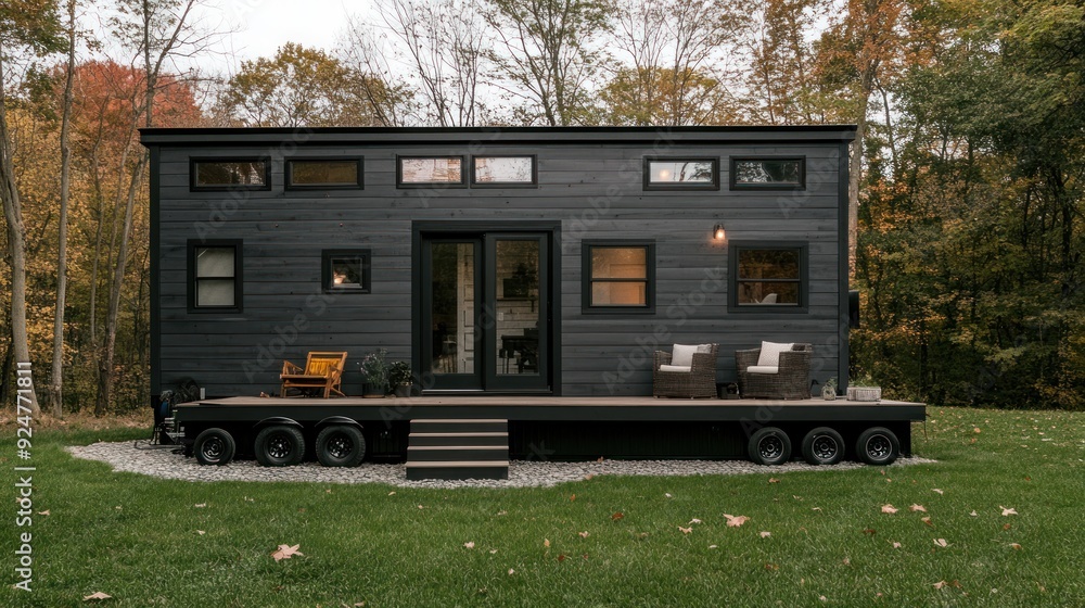 Poster A modern black tiny house sits on a gravel driveway in a lush green grassy field, surrounded by tall trees.