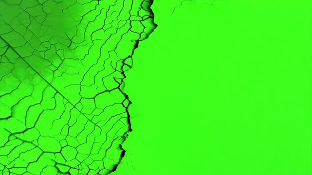 Cracked screen. Green chromakey background. Broken cracks on transparent. Dry earth, drought. Texture of soil without water. Big wreck damage. Black lines.