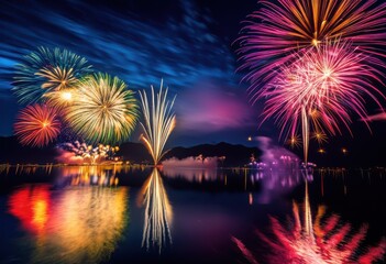 vibrant fireworks bursting colors dark night sky illuminating atmosphere dazzling light displays, illumination, celebration, sparkle, festival, bright