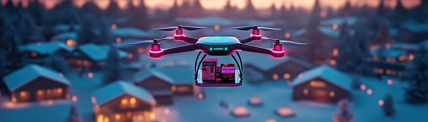 A futuristic drone delivering Black Friday purchases to a consumer s home Sci-fi, vibrant colors, aerial view, digital art