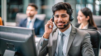 An Indian male representative engaged in a customer service call, showing professionalism.
