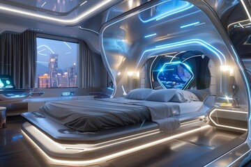 Obraz premium Futuristic Bedroom with Floating Bed and Integrated Tech Gadgets.