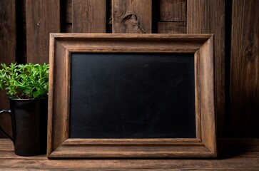 Vintage grunge blackboard standing on dark wooden background. and a green plant nearby Blank black chalkboard in the vintage frame made of wood education learning coffeeshop menu mockup. - Powered by Adobe