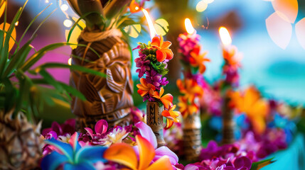 Fototapeta premium Hawaiian Luau Decorations With Tiki Torches and Flowers