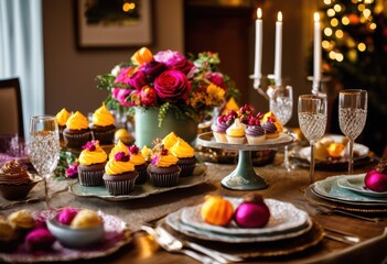 beautiful festive table setup featuring seasonal colorful elegant centerpieces joyful celebration, decorations, plates, napkins, glasses, flowers