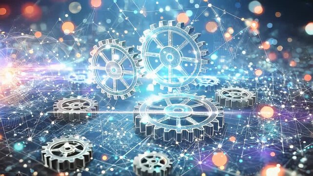 Glowing Network of Digital Gears Representing Futuristic Technology and Innovation in a High-Tech World