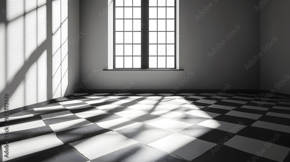 Aufkleber a detailed shot of a black and white checkerboard floor with shadows creating a dramatic pattern fro