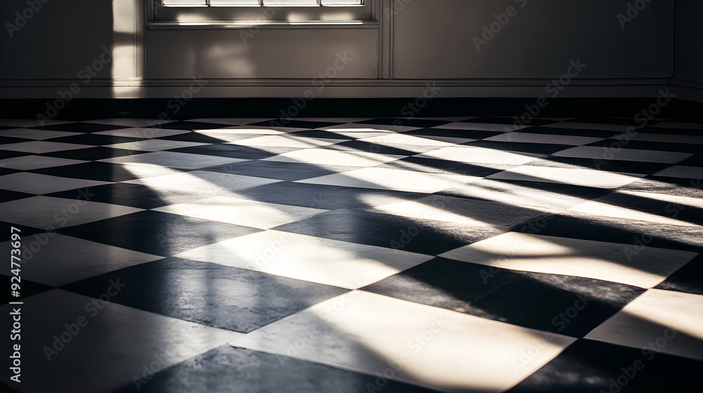 Poster a detailed shot of a black and white checkerboard floor featuring soft shadows and light creating an