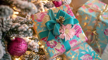 Teal and Gold Gift Under Christmas Tree