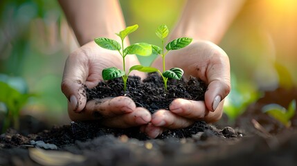 Hand holding soil with plants.