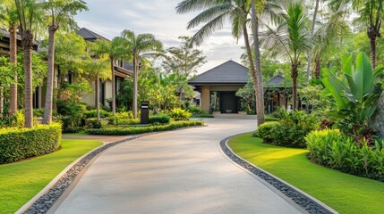 A winding concrete pathway lined with stone leads to a luxurious home nestled amongst lush tropical foliage.