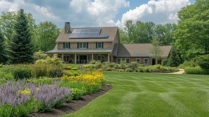 Fototapeta premium A stone house with solar panels on the roof, a large green lawn, and flower beds in the front yard.