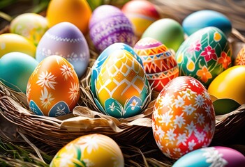 vibrant easter egg showcase featuring bright colors patterns vivid backgrounds festive celebrations, eggs, colorful, decorations, spring, holiday, design