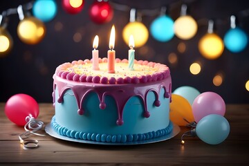 birthday cake with candles and balloon