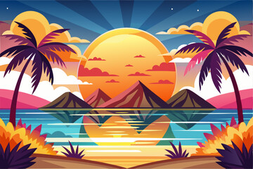 Obraz premium Vibrant Sunset Over Tropical Landscape with Palm Trees and Mountains