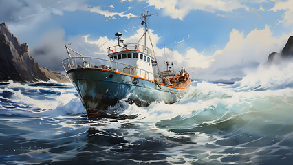 Obraz premium Fishing Boat - boat, ship, sea, ocean, waves, water, sailing, nautical, fishing boat, stormy sea, clouds, sky, adventure, rocky coast, whitecaps, coastline