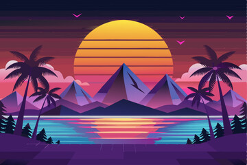 Naklejka premium Retro Sunset Over Palm Trees and Mountains with a Reflected Horizon