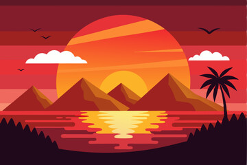 Sunset Over Mountains with Palm Tree and Sea Reflection