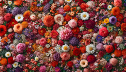 Fototapeta premium Floral wall background showcasing a stunning mix of flowers in shades of red, orange, pink, purple, green and white colors. Design. Wallpaper. Cover. Floral card. Flower texture background for wedding