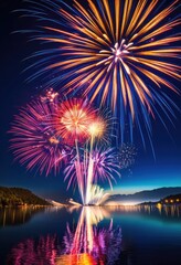spectacular vibrant fireworks illuminating nighttime sky colorful display light motion, aerial, celebration, charm, colors, creativity, dazzling, energy