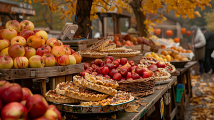 Obraz premium A rustic autumn market with baskets of apples, pears, and freshly baked pies, surrounded by golden foliage and the crisp scent of fall in the air.