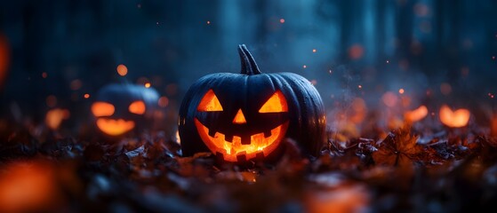 A glowing Halloween pumpkin in a misty forest setting, surrounded by autumn leaves and a spooky atmosphere.