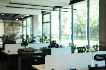 Empty modern coworking office environment with panoramic windows