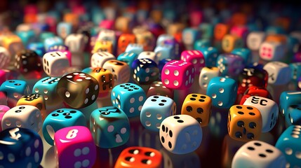 A dynamic image of multiple dice in a colorful array, each face capturing different numbers, illustrating the diversity of possible outcomes.