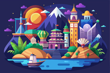 A Cityscape with Diverse Architecture, Mountains, and a Boat on the Water
