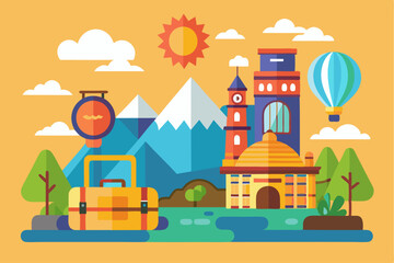 A Flat Design Illustration of a Town with Mountains, a Hot Air Balloon, a Suitcase, and a Sun