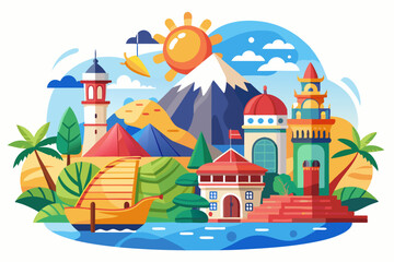 Colorful Illustration of a Town by the Sea with a Mountain and a Boat