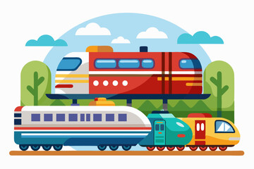 Colorful Cartoon Trains on a Train Track Surrounded by Trees and Clouds