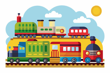 A Colorful Toy Train with Different Cars on Tracks