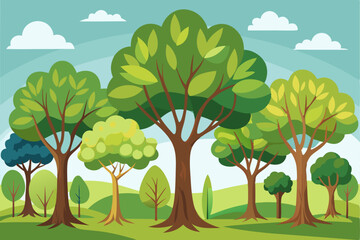 A Vibrant Forest Scene with Lush Green Trees and a Blue Sky