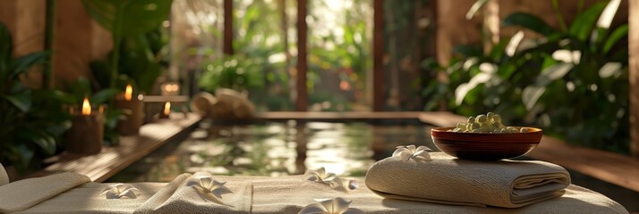 Fototapeta premium A spacious spa featuring a pool surrounded by lush greenery, soft towels, and candles, offering a luxurious and tranquil environment.