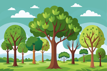 Cartoon illustration of a lush green forest with trees and clouds