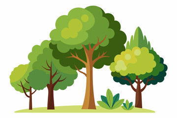 A Cartoon Illustration of Four Trees and Green Bushes